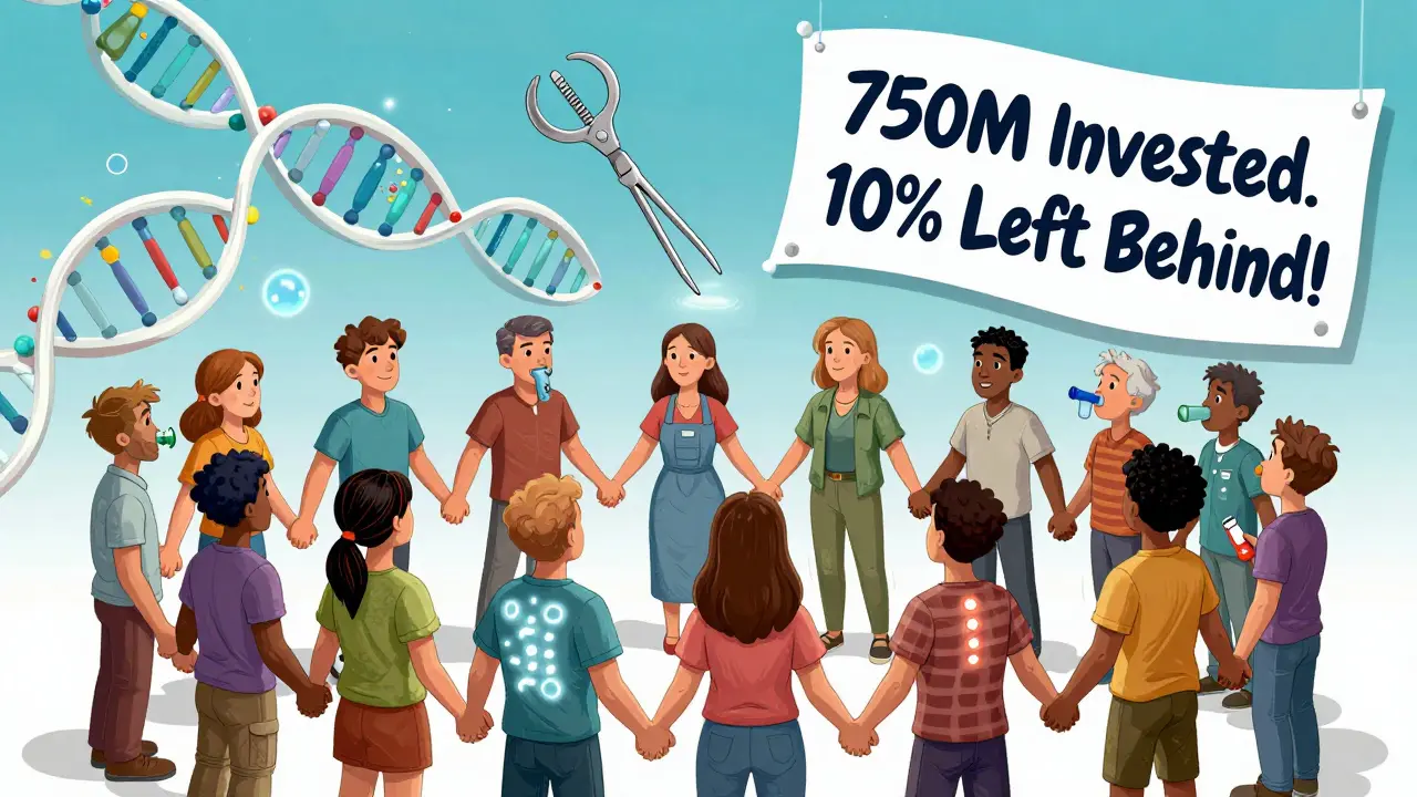 Diverse group of CF patients together, some thriving with modulators, others with traditional therapies, under symbols of future cures.