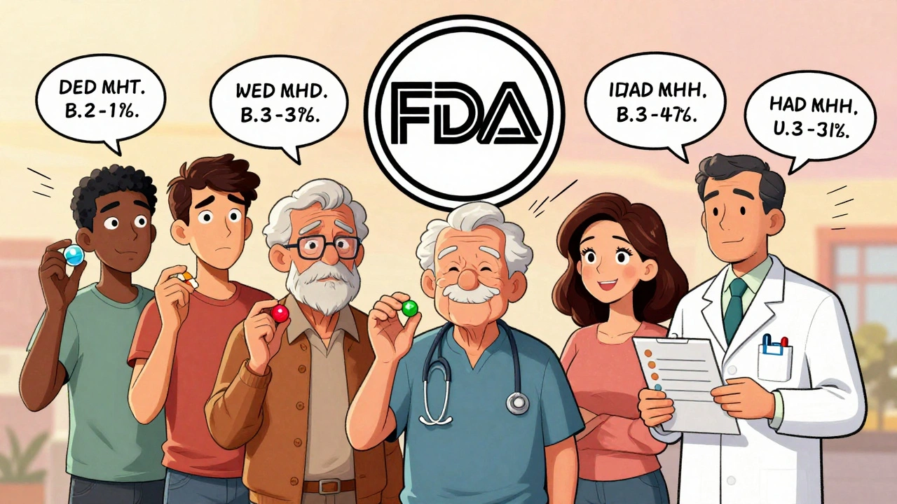 Diverse patients hold different pills, each with identical medication names in their thought bubbles, under an FDA seal.