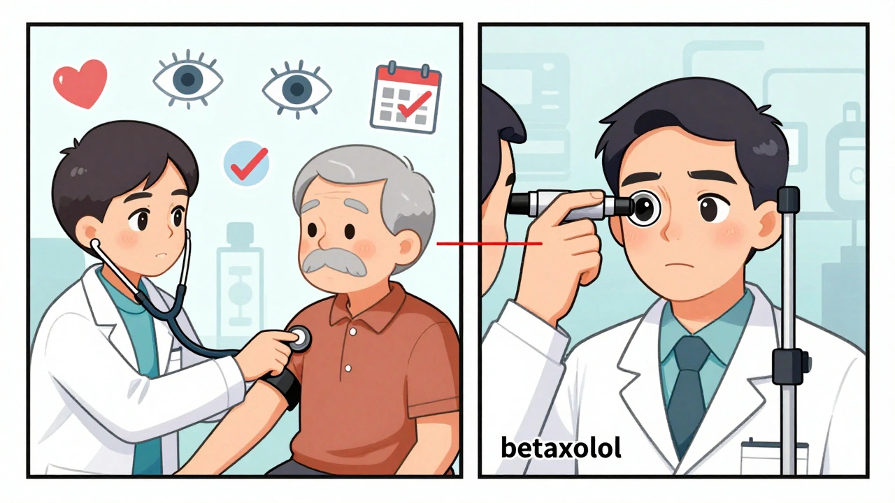 Doctor checking pulse and eye pressure, connected by betaxolol pathway with icons.