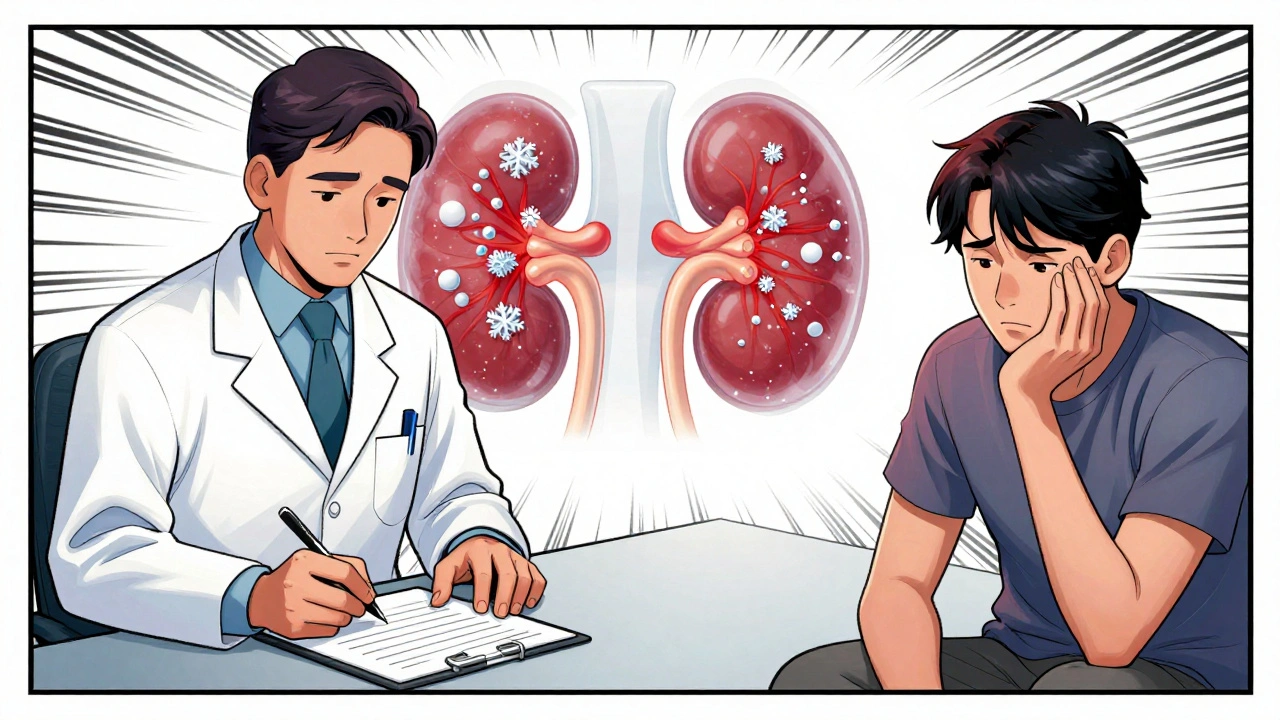 Doctor prescribing NSAIDs while lithium builds up in kidneys, illustrated in comic style