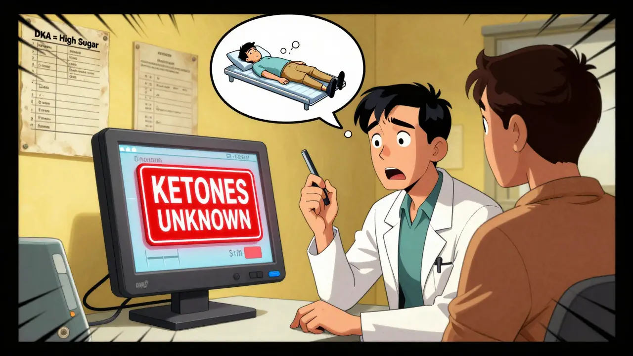 Doctor shocked by normal glucose reading while a red ketone warning glows above the monitor.