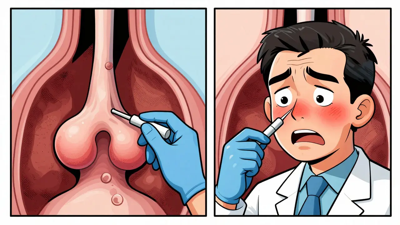 Doctor viewing nasal polyps through an endoscope, with side-by-side healthy and blocked sinuses illustrated.