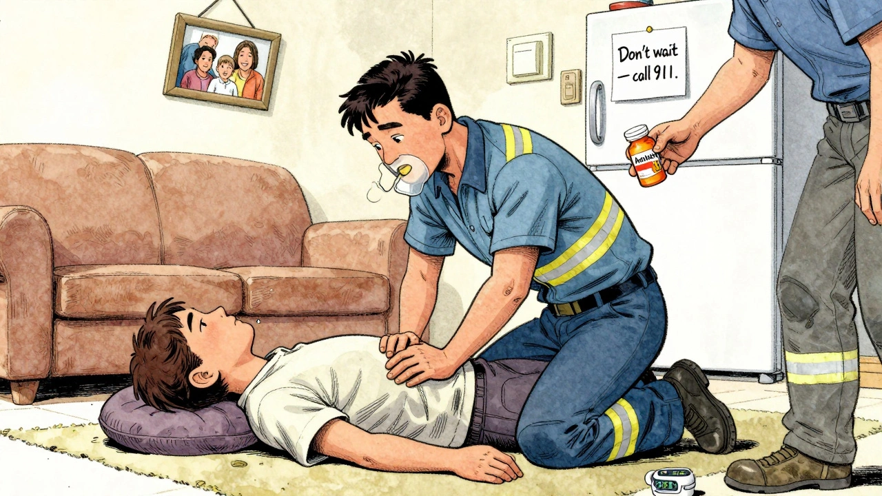 Emergency responder giving rescue breaths to an unconscious person while another holds an empty Ambien bottle and a pulse oximeter.