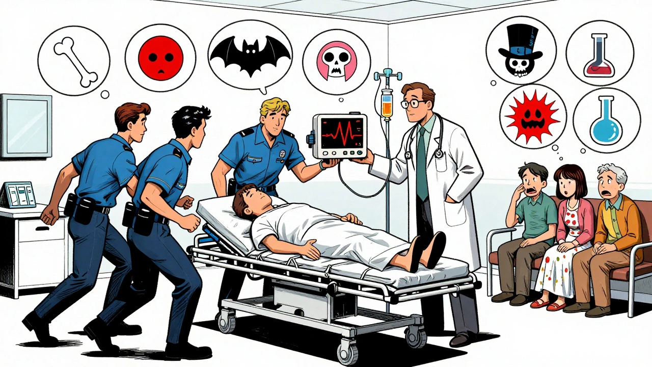 Emergency room staff treating patient with EKG showing widened QRS complex, medical symbols floating nearby.