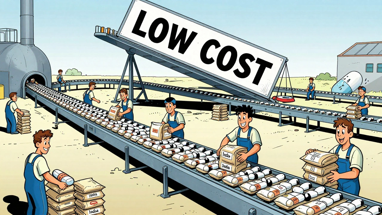 Factory conveyor produces millions of generic pills with bulk ingredients from India and China.