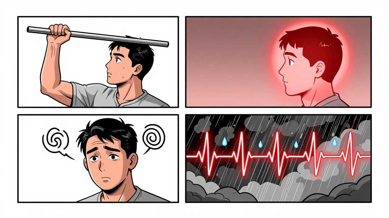 Four-panel illustration showing muscle rigidity, fever, confusion, and autonomic instability.