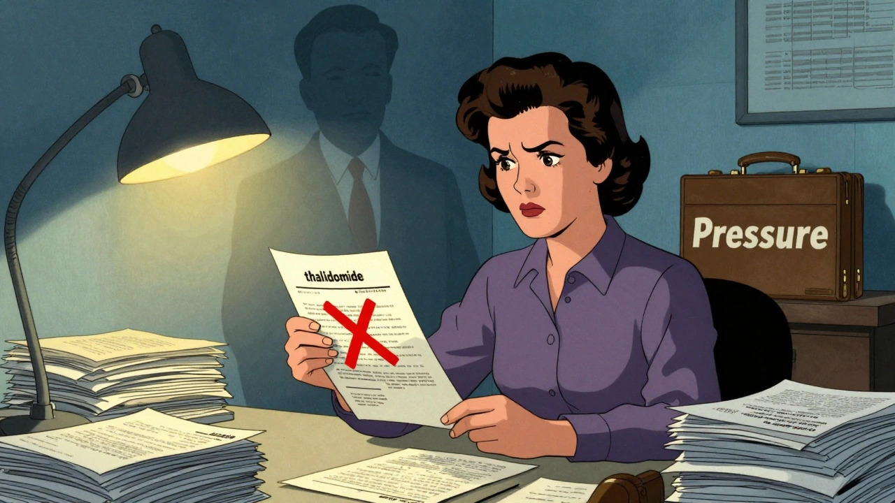 Frances Kelsey at her desk rejecting thalidomide approval, corporate shadow behind her.