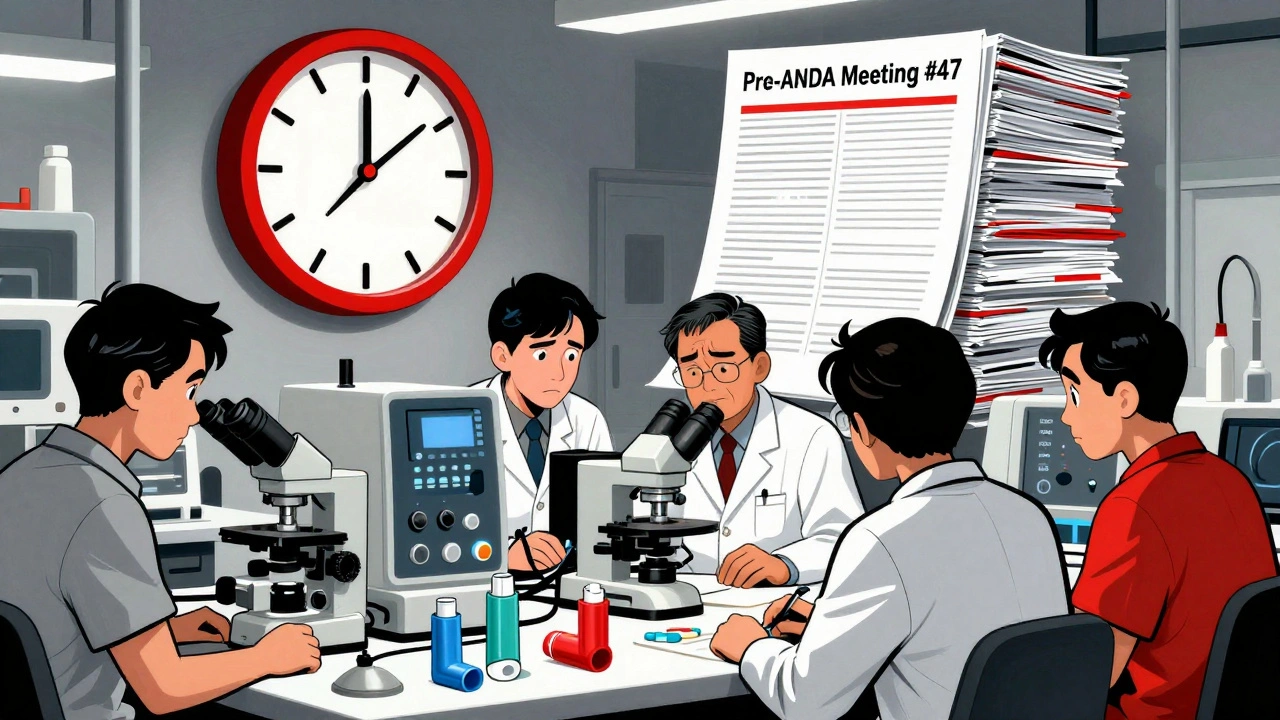 Lab team surrounded by advanced equipment and towering paperwork, clock ticking in background