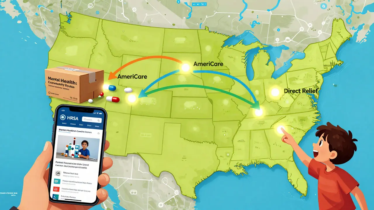 Map of the U.S. with glowing clinics connected by donations of medicines from pharmaceutical organizations.