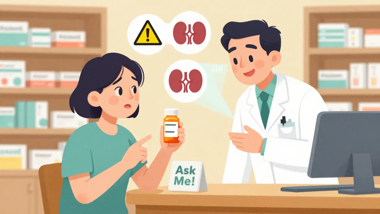 Patient asking pharmacist about their prescription with visual safety icons floating nearby.