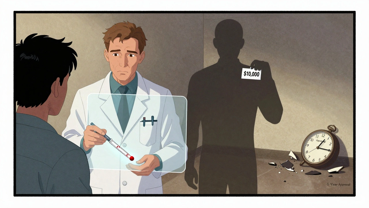 Patient receiving injectable with nanoparticle release overlay, shadowy ,000 price tag nearby