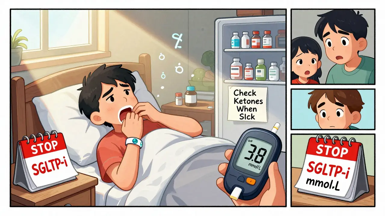 Patient vomiting in bed, blood ketone meter reads high, medical alert bracelet visible on wrist.