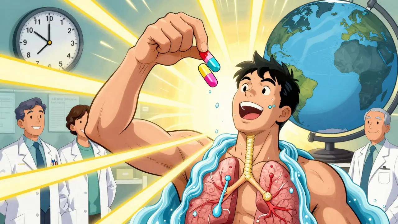 Person taking Trikafta pills as golden light clears mucus from lungs, with life expectancy rising from 30 to 50 years.