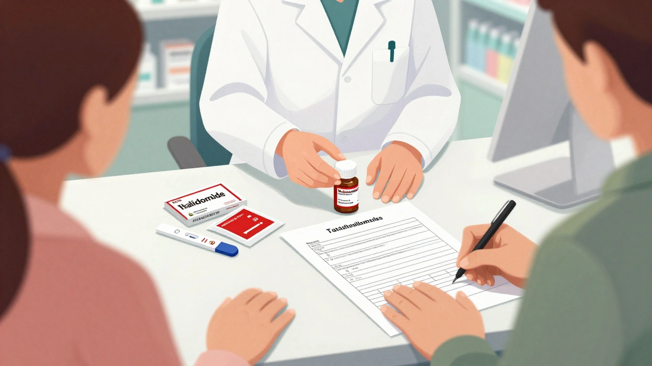 Pharmacist dispensing thalidomide with pregnancy tests and condoms visible on counter.
