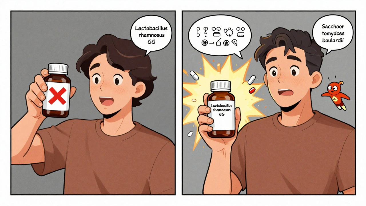 Side-by-side comic panels: ineffective mystery probiotic with red X vs. effective labeled strains with a yeast superhero flying beside them.