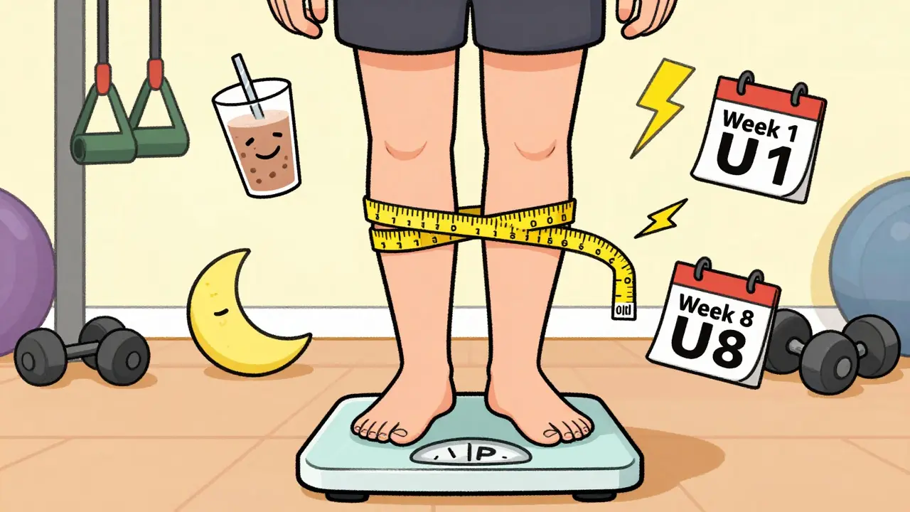 Someone smiles at a scale showing &#039;UP&#039; while waist shrinks, surrounded by protein, sleep, and energy symbols.
