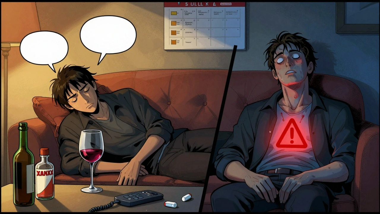 Split illustration showing someone mixing alcohol and sedatives, then collapsing with warning signs glowing over their body.