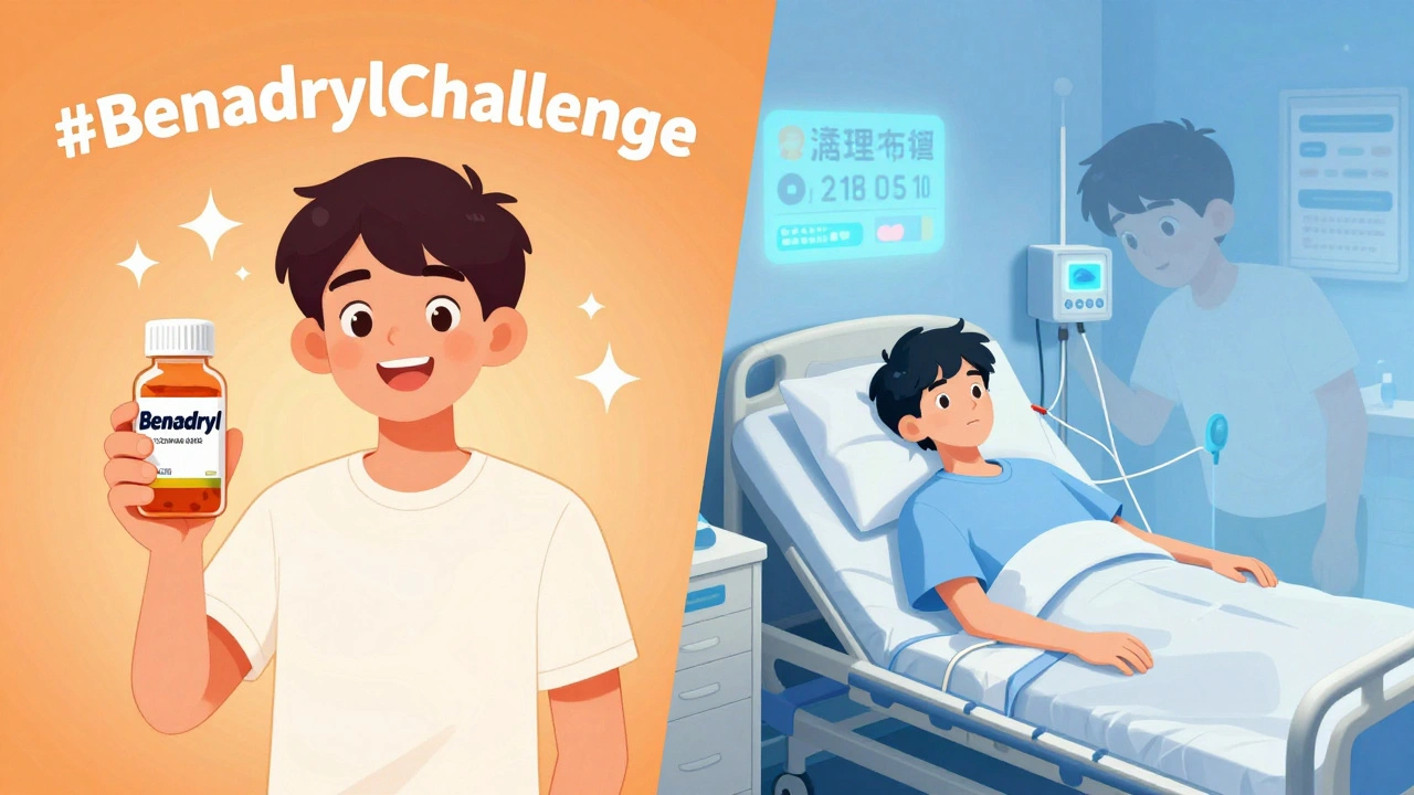 Split image: teen smiling with Benadryl bottle vs. same teen hospitalized, social media icons fading in background.