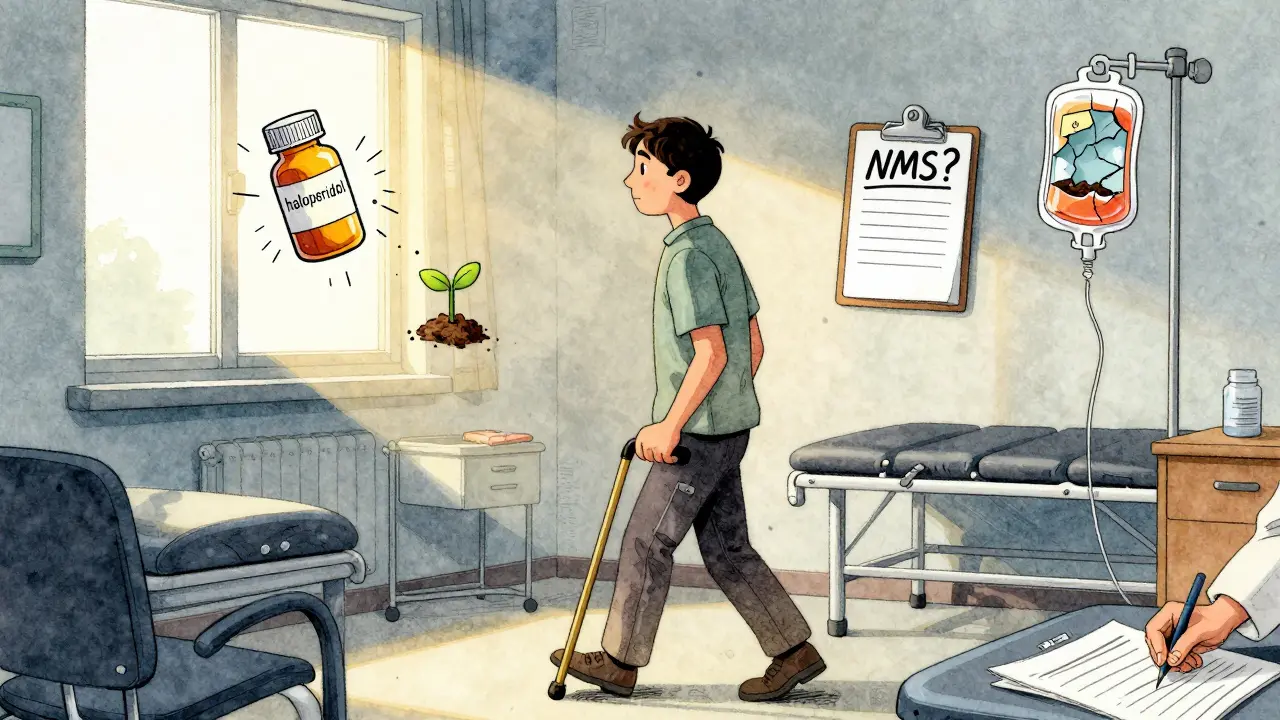 Survivor walking with cane, surrounded by memories of illness and hope for recovery.