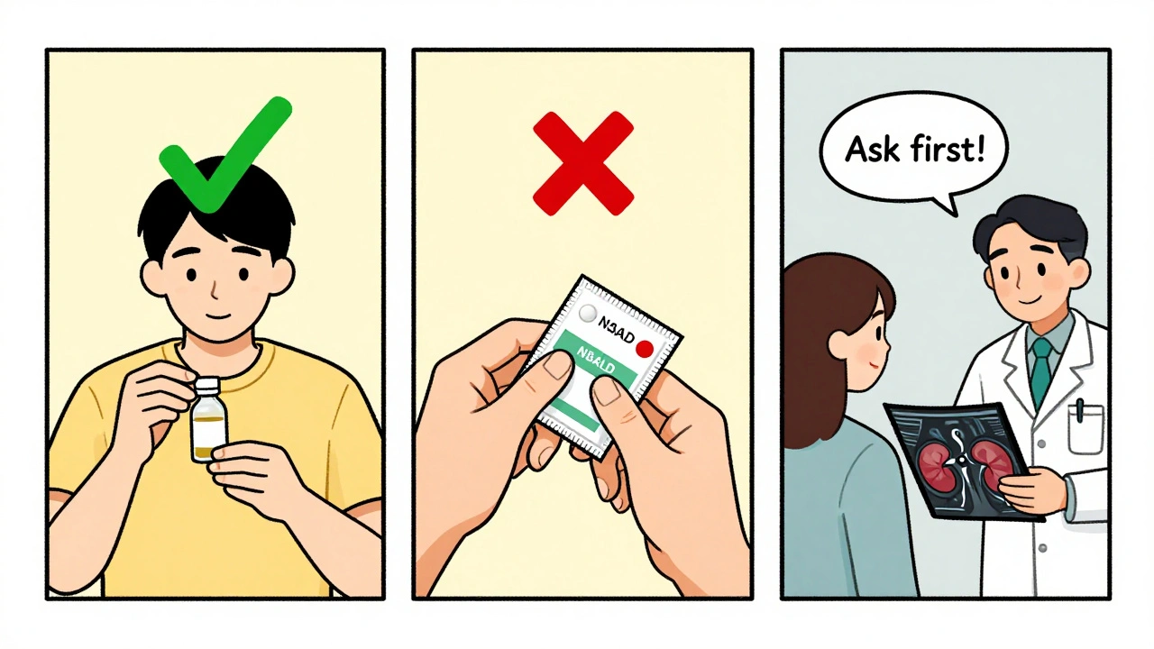 Three-panel comic showing safe acetaminophen use versus risky NSAIDs with healthy kidney outcome