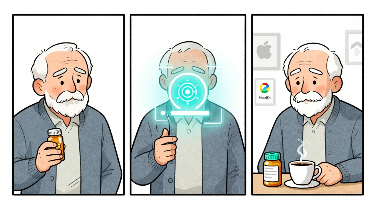 Three-panel comic showing senior's journey from confusion to automated medication ease.