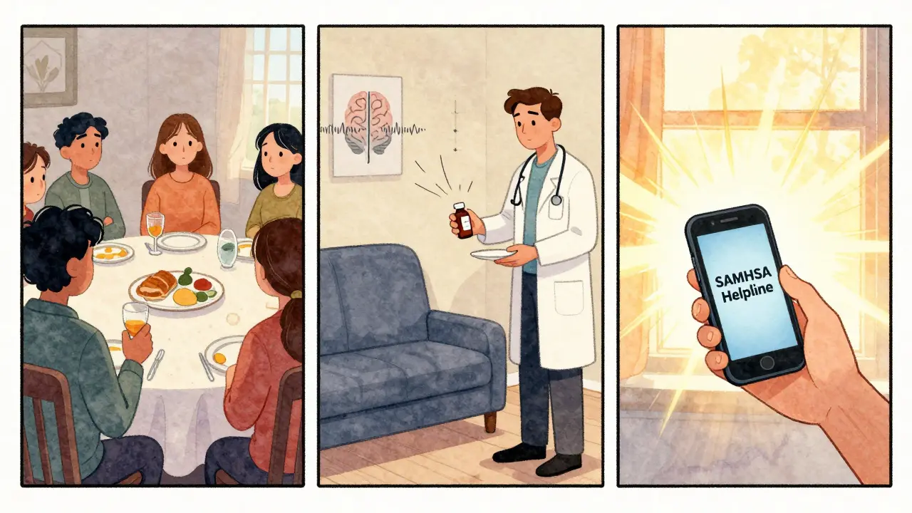 Three panels showing social isolation, medical treatment, and seeking help via phone with warm lighting.