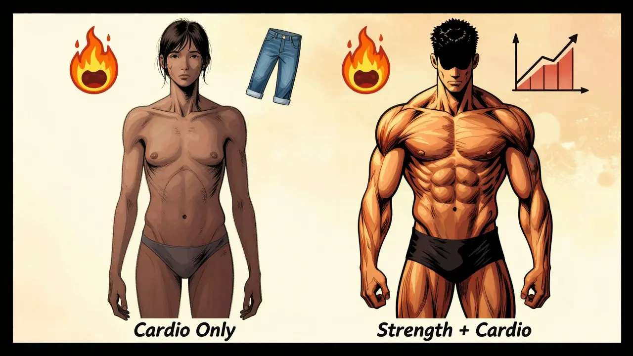 Two body silhouettes compare: one thin and faded, the other toned with glowing muscles and better-fitting clothes.
