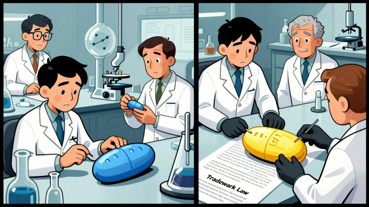 Two laboratories side by side: one designing a branded pill, the other creating a legal generic version.