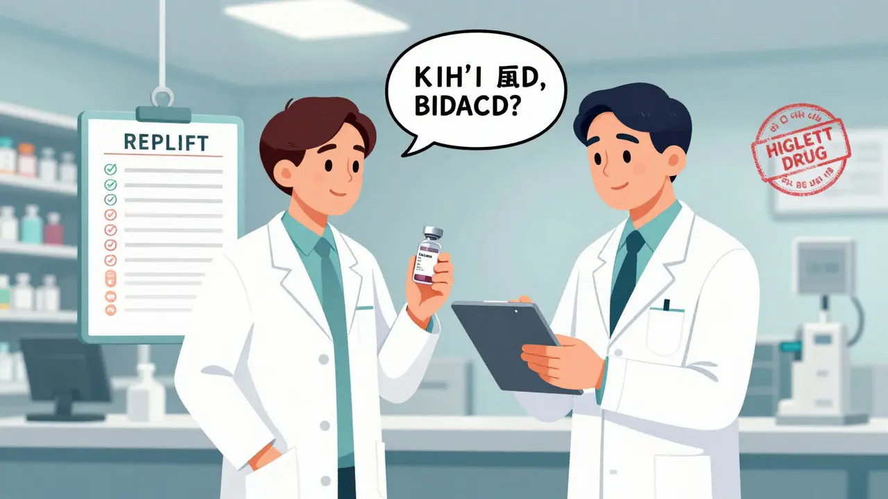 Two pharmacists double-checking an insulin dose using a digital checklist.