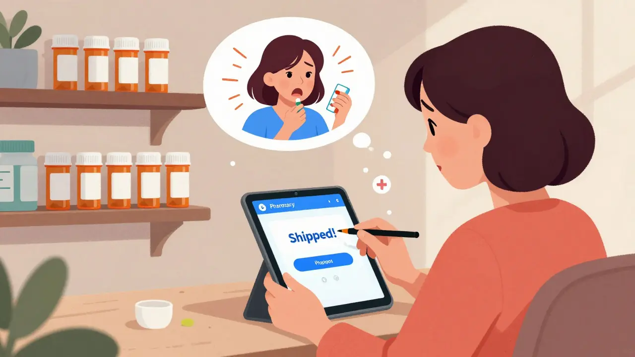 Woman checks pharmacy app showing 'Shipped!' notification while pills refill automatically.