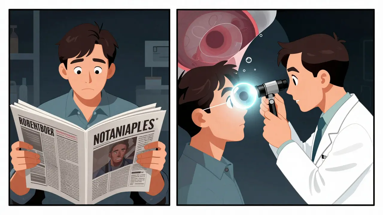 A man ignoring eye symptoms at home vs. receiving emergency eye care in a clinic.