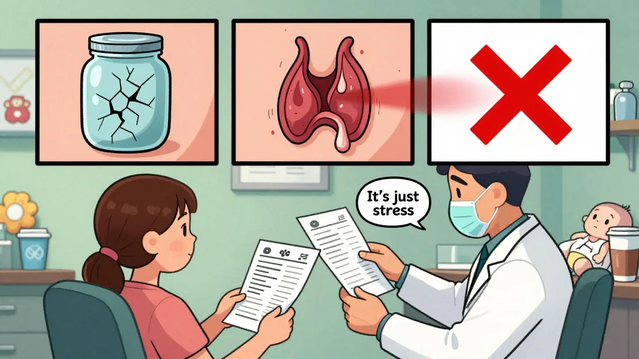 A mom holds a blood test in a doctor's office while floating panels show thyroid phases and a dismissive doctor's comment.