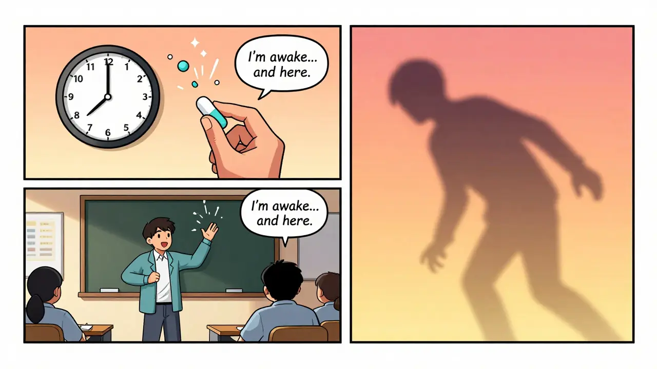 A person taking medication and transforming from tired to alert, shown in a sunrise-to-sunset comic panel.