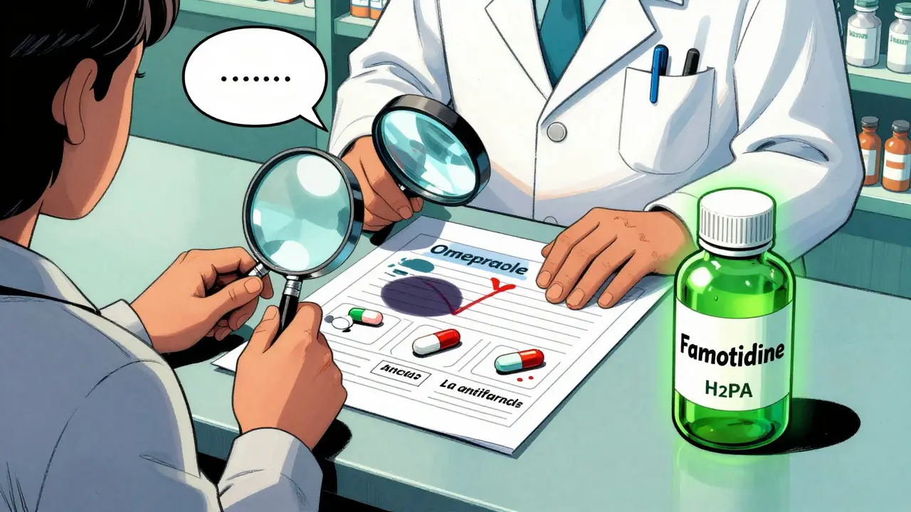A pharmacist examines a drug interaction chart, with a PPI casting a shadow over critical medications on a pharmacy counter.