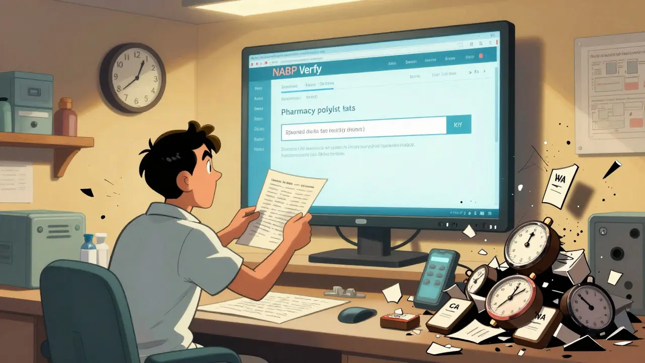 A pharmacist using the NABP Verify system as chaotic state portals crumble around them.