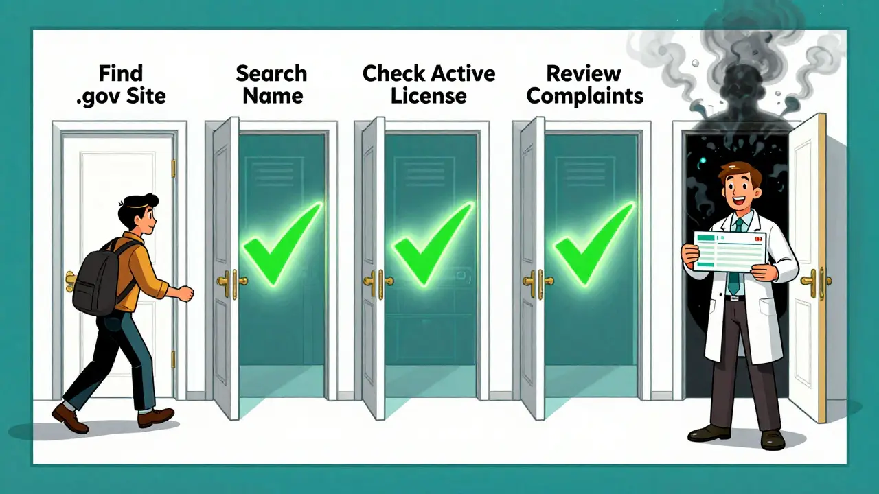 A step-by-step comic journey showing how to verify an online pharmacy safely.
