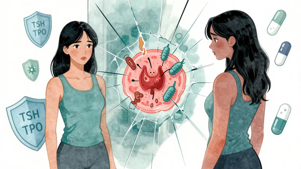 A woman stands before a mirror, her healthy and tired reflections separated, with antibodies attacking a thyroid in the center.