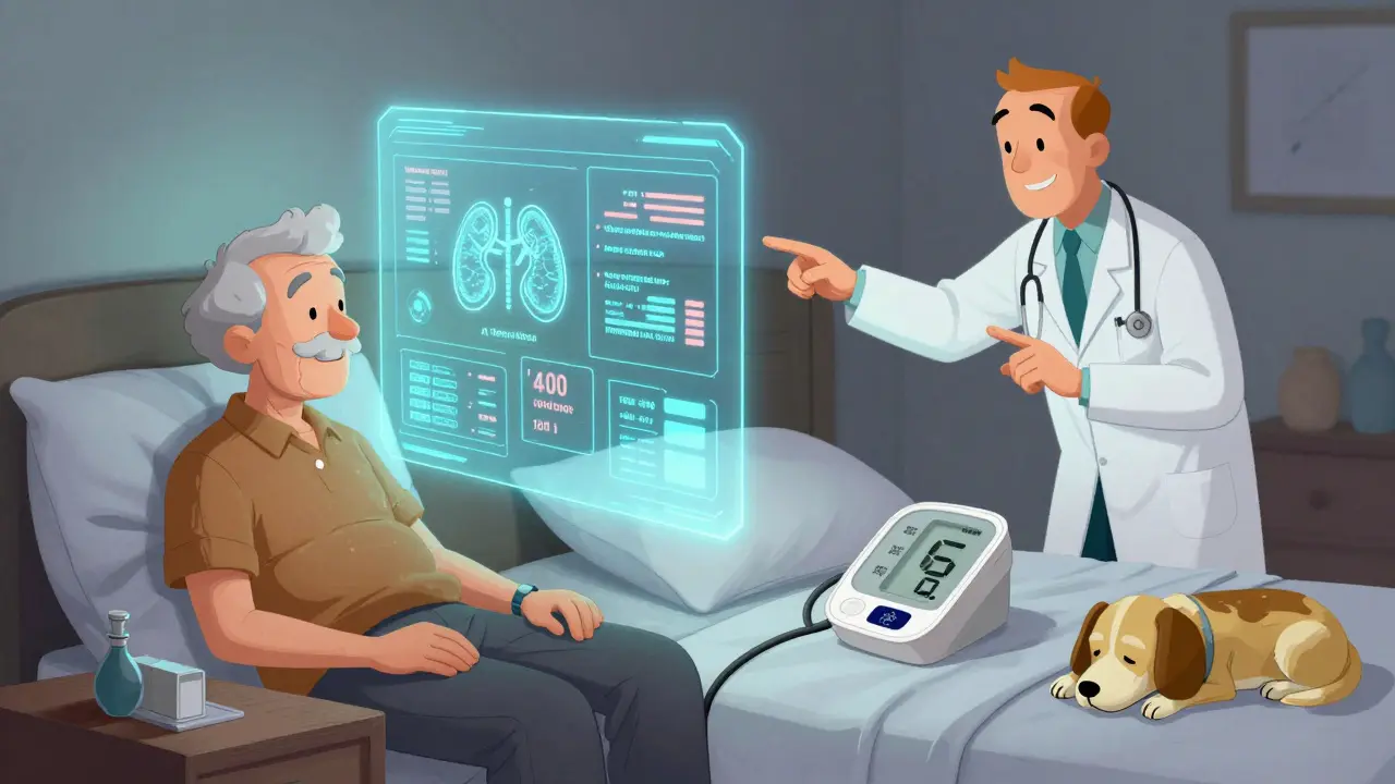 AI hologram displays personalized health data above an older adult checking blood pressure at home