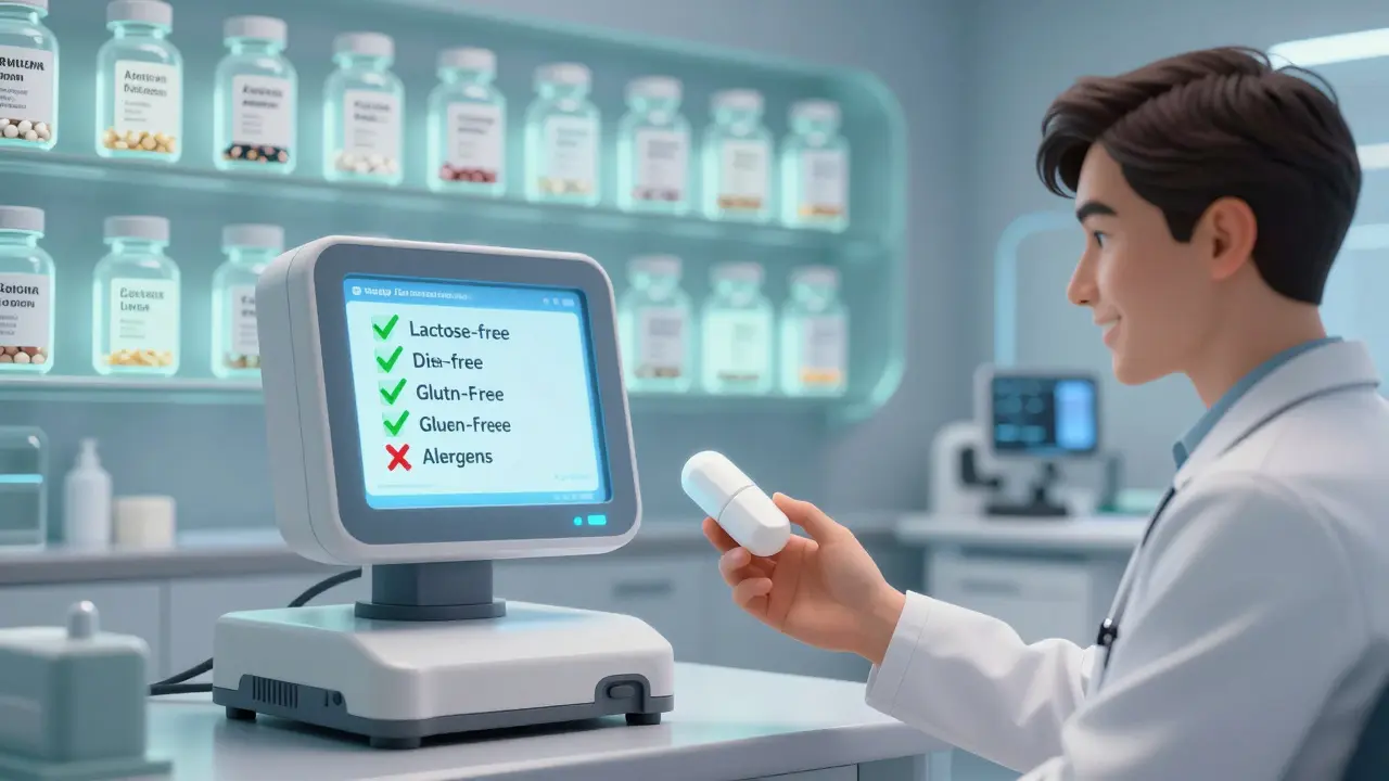 AI machine dispensing a personalized pill with custom excipient profile, patient smiling in clinic.