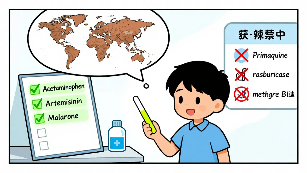 Child getting a G6PD test while safe and unsafe medications appear as glowing icons in thought bubbles.