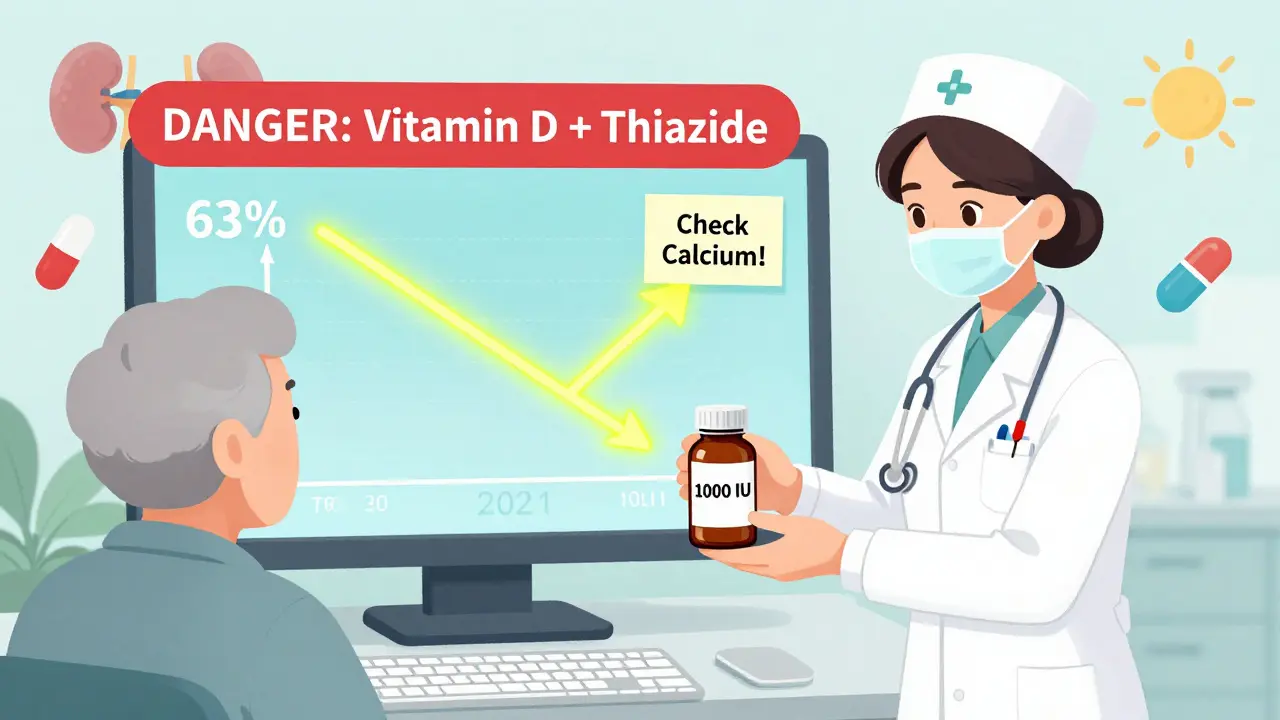 Clinic computer alerts doctor to dangerous drug combo as nurse gives safer vitamin D dose to patient.