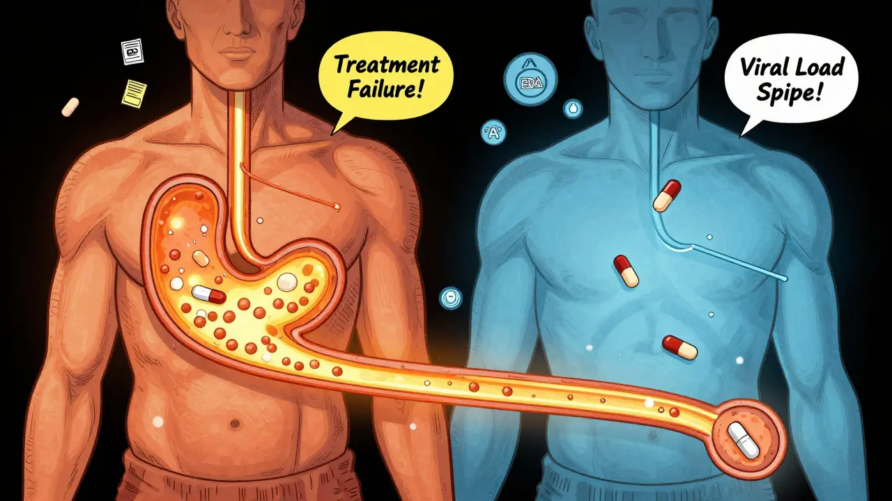 Cross-section of a body showing a drug failing to absorb in a high-pH stomach, with warning signs and AI icons floating nearby.