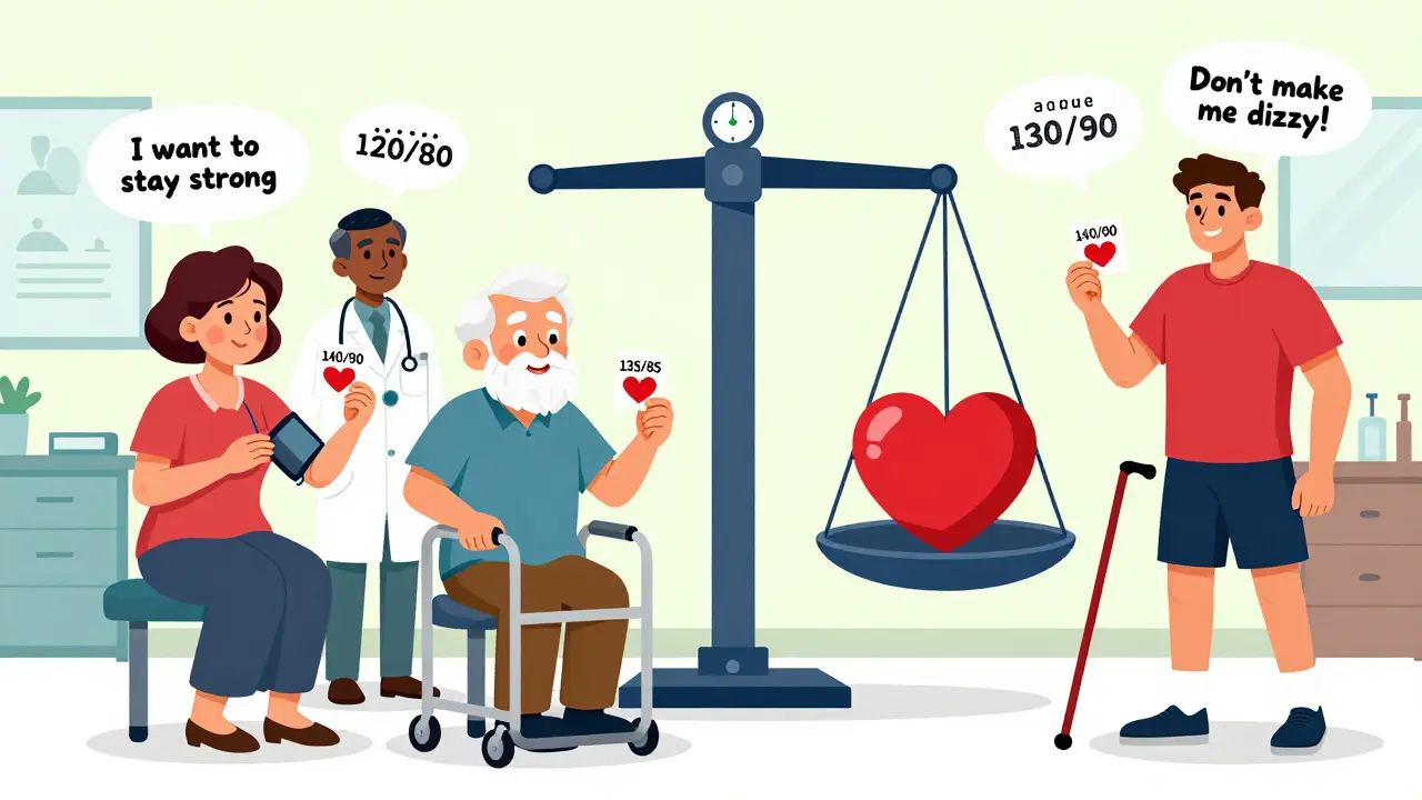 Diverse patients hold personalized blood pressure targets while a scale balances heart health against fall risk