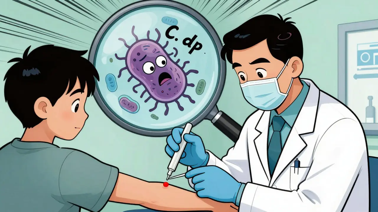 Doctor performing a skin prick test with a small red bump appearing on the arm.