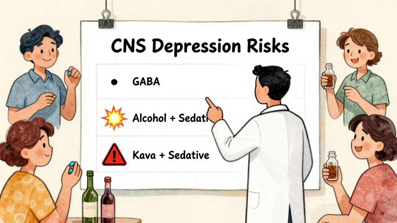 Doctor pointing to risk chart comparing GABA, alcohol, and kava interactions with sedatives, patients ignoring dangerous combos.
