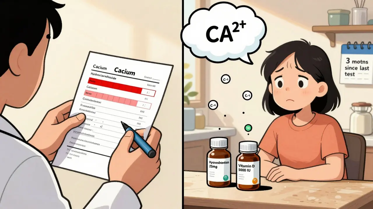 Doctor reviews blood test while patient's medicine bottles release calcium ions into a warning cloud.