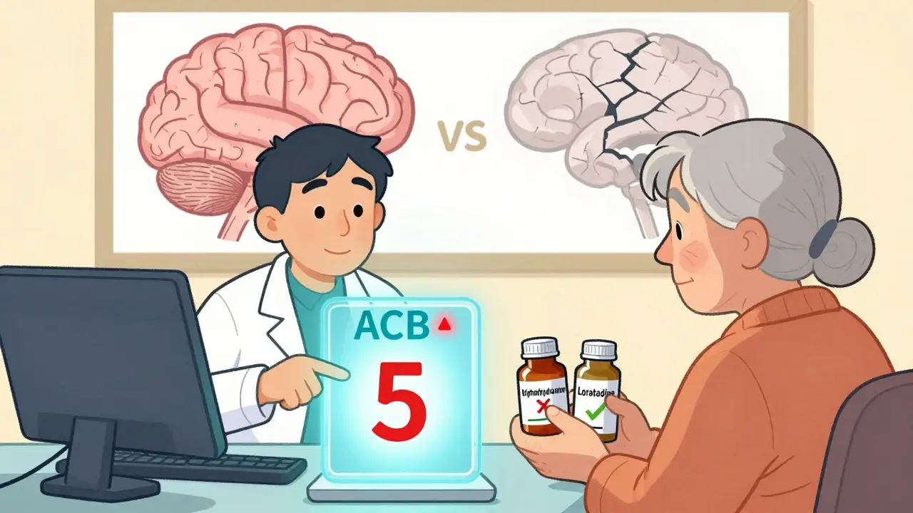 Doctor shows ACB scale reading '5' on tablet while patient holds conflicting medication bottles.
