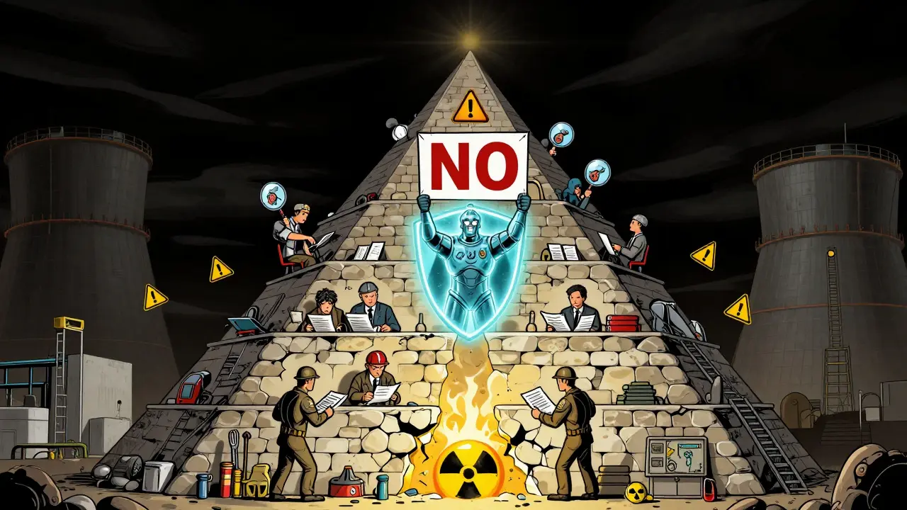 Four-layer oversight pyramid in nuclear facility, with independent QU in armor blocking failure below.