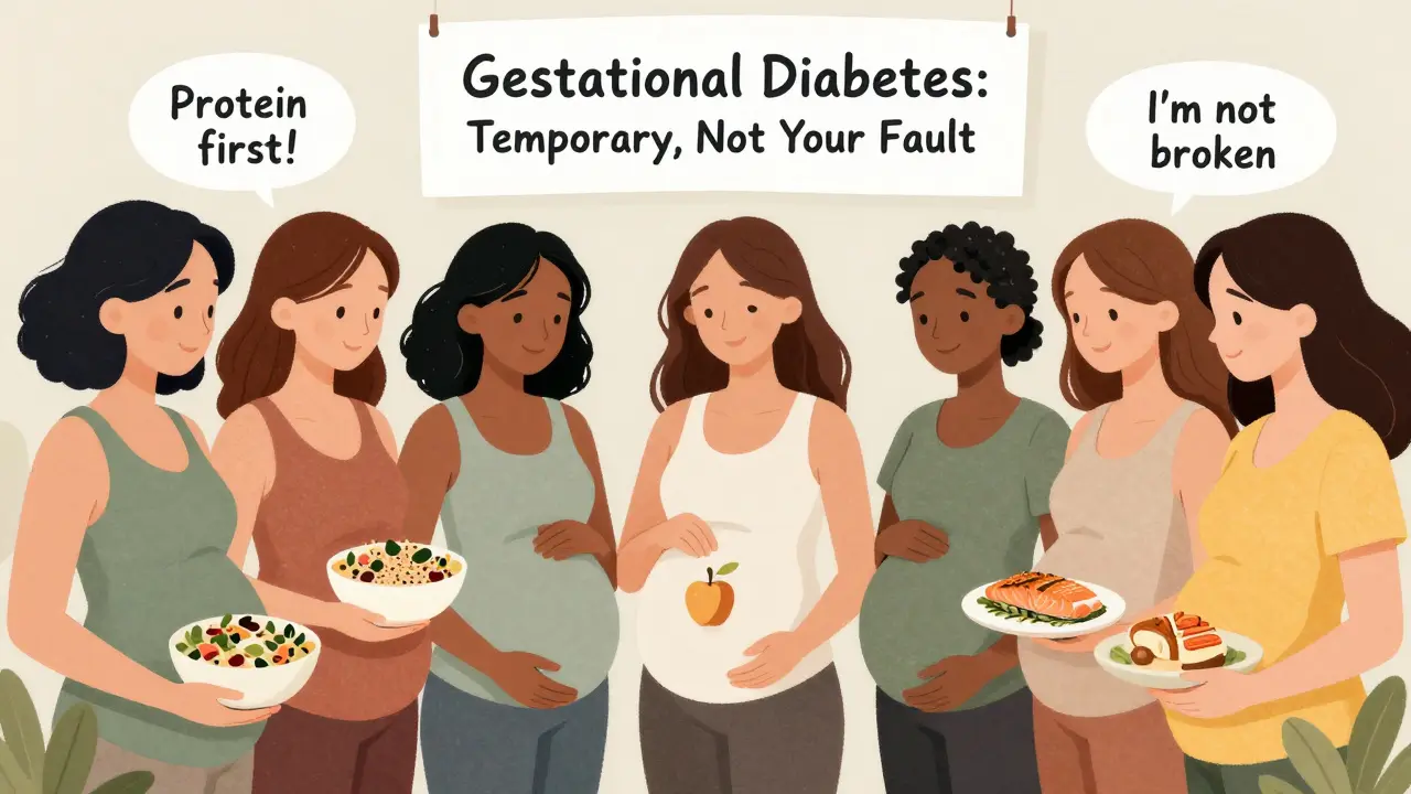 Group of pregnant women sharing healthy meals and supportive messages.