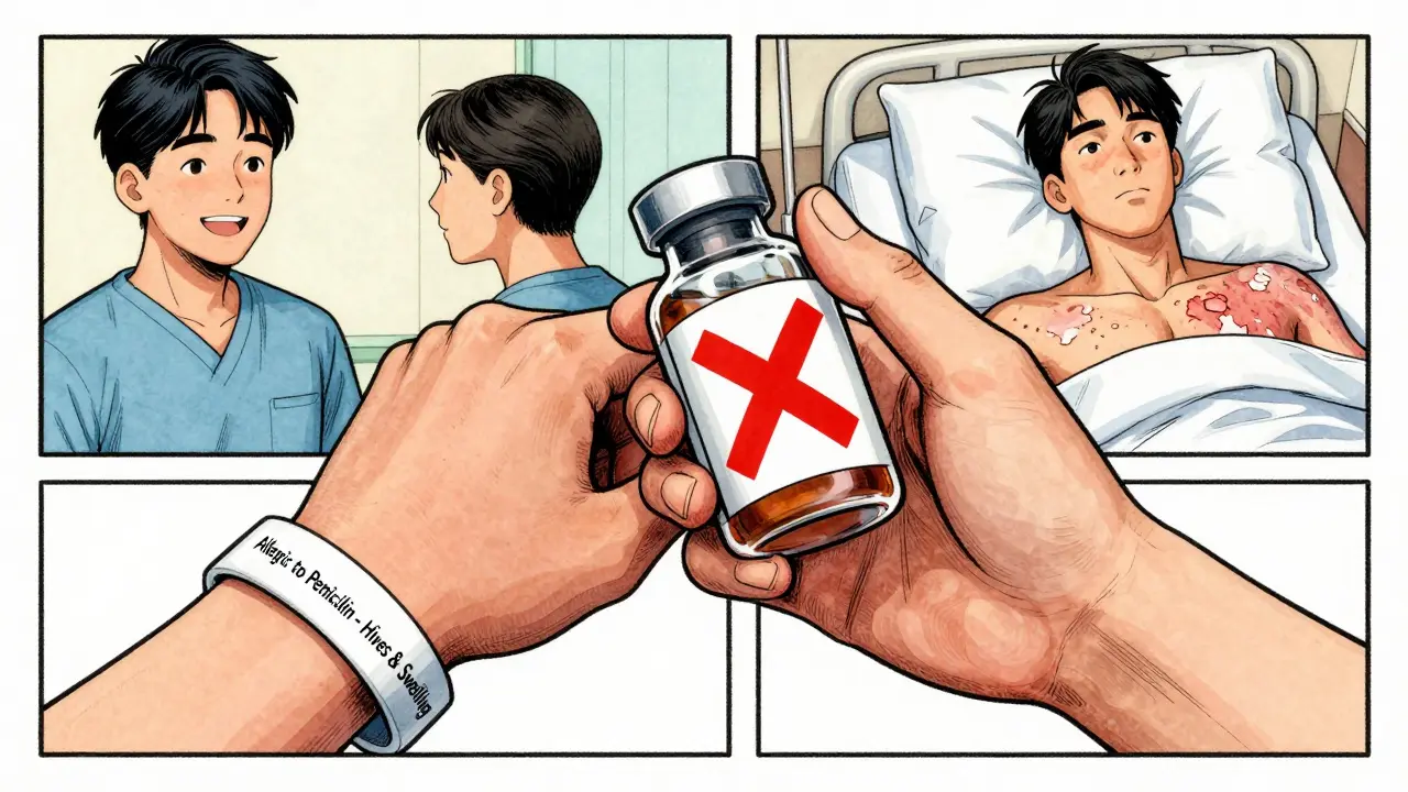 Medical alert bracelet next to banned prescription, with contrasting recovery and crisis scenes